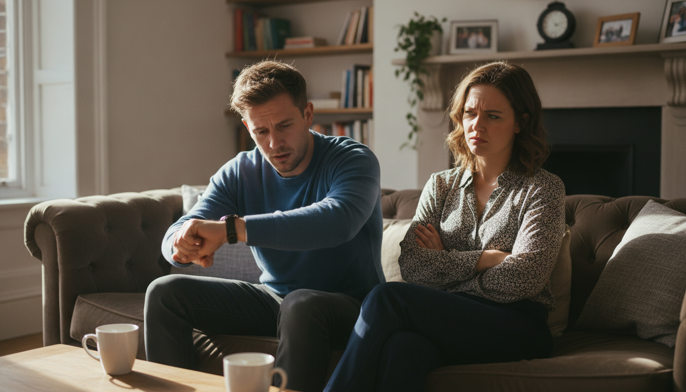 Mann wirkt abgelenkt, während Partnerin ihn misstrauisch beobachtet