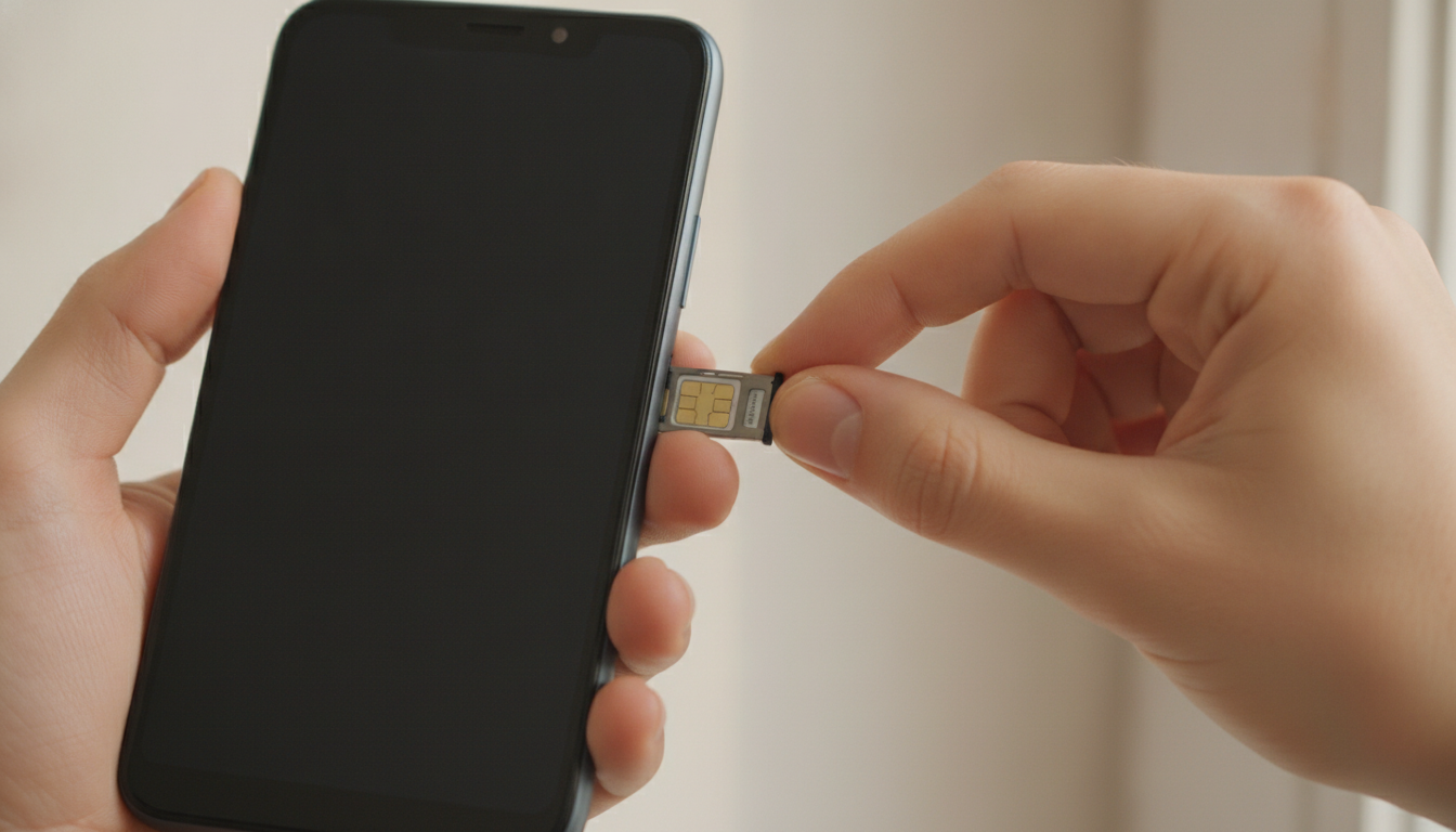Hand setzt eine Prepaid-SIM-Karte in ein einfaches Smartphone ein