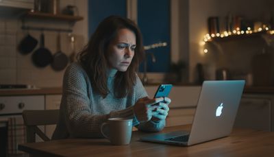 Frau sitzt nachts nachdenklich mit Smartphone am Küchentisch